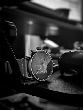 Black and white photo of a watch on a desk, showcasing a minimalist design.