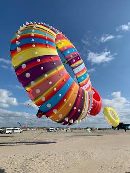 Colorful kites soar over the sandy beach under a clear blue sky at a lively festival.