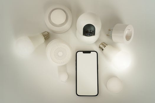 Flat lay of smart home devices with a smartphone controller on a white background.