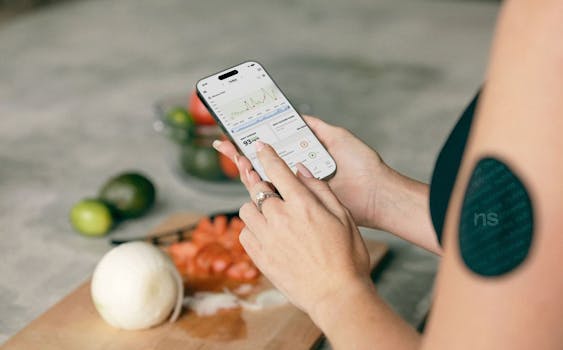 A woman using a smartphone app to track blood sugar levels with fresh vegetables in the background.