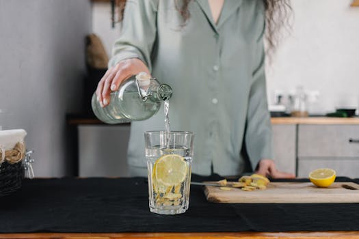 Woman pours water for lemon ginger infusion, promoting health and hydration.