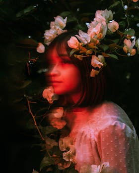 Creative portrait of a woman with red lighting and white flowers in Ciudad de México.