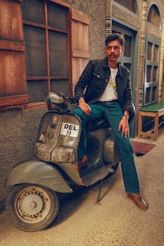 Stylish man posing on a vintage scooter indoors with retro decor.