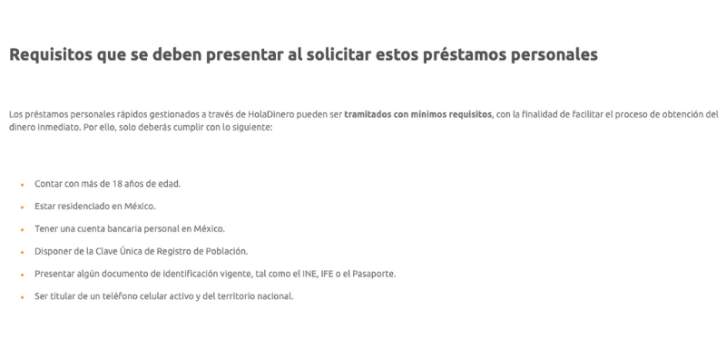 Requisitos de HolaDinero.