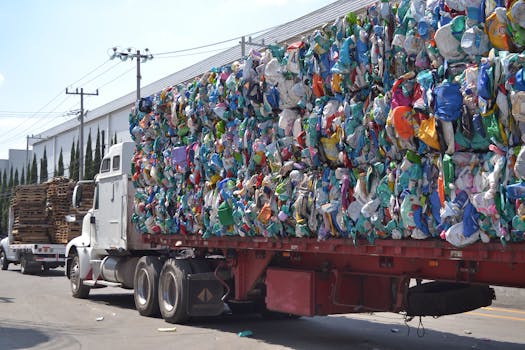 A large truck carrying bales of compressed plastic waste on a sunny city street in Mexico.