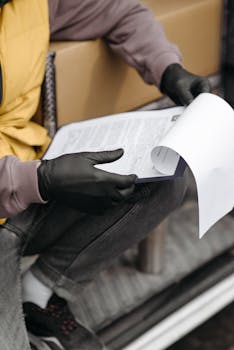 Courier with gloves reviewing delivery paperwork in vehicle interior.