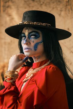 Stylish portrait of a woman in Día de Muertos makeup and traditional attire, capturing Mexican cultural essence.